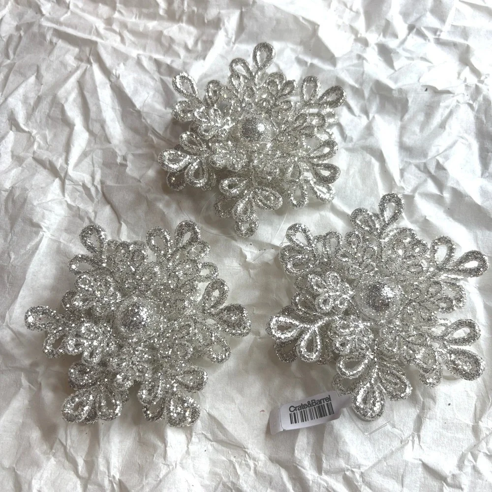 Crate & Barrel Snowflake Ornaments Set of 3 Silver NEW Glitter Dimensional 3in